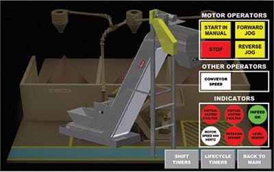 Two men looking at a metal scrap conveyor panel